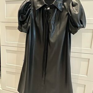 Black Faux Leather Puff Sleeve Dress